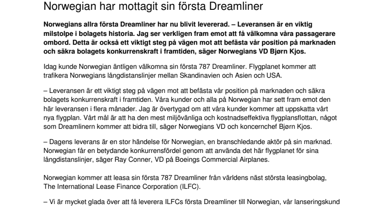 Norwegian har mottagit sin första Dreamliner