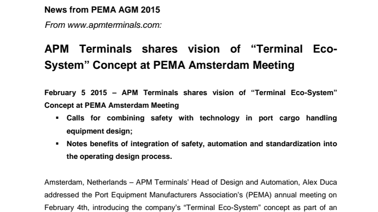 APM Terminals shares vision of “Terminal Eco-System” concept at PEMA AGM