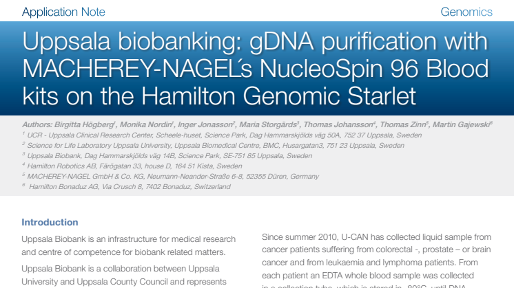Uppsala biobanking gDNA purification with MACHEREY-NAGEL´s NucleoSpin 96 Blood on the Hamilton Genomic Starlet