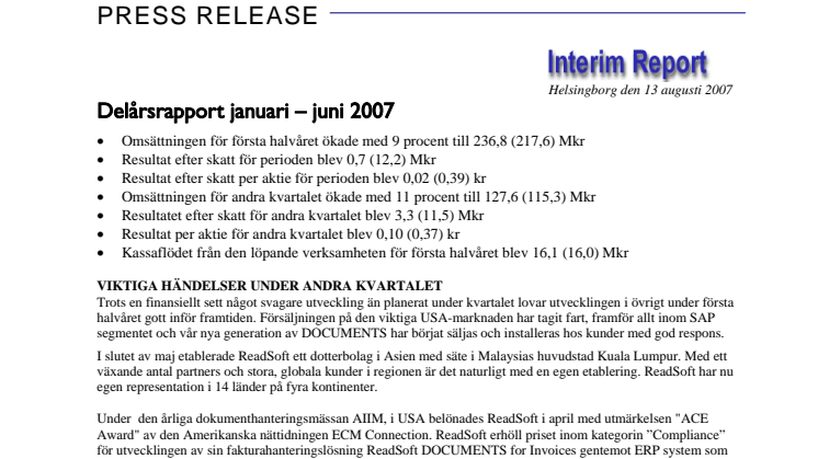 Delårsrapport januari - juni 2007