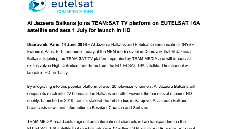 ​Al Jazeera Balkans joins TEAM:SAT TV platform on EUTELSAT 16A satellite and sets 1 July for launch in HD