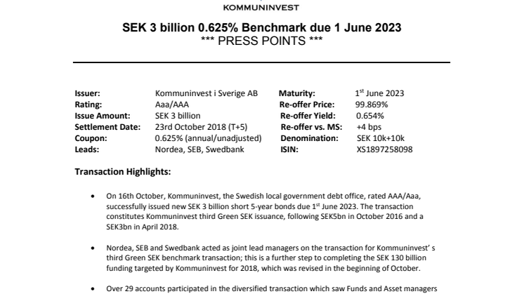 Press Points Kommuninvest Green SEK 3 billion Oct 2018