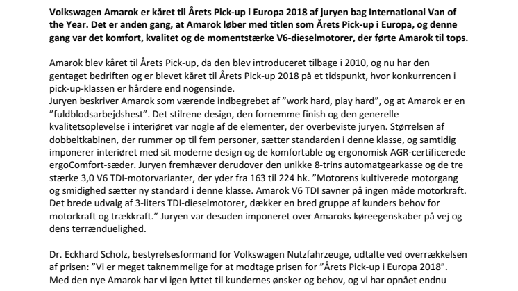 Amarok kåret til Årets Pick-up i Europa 2018