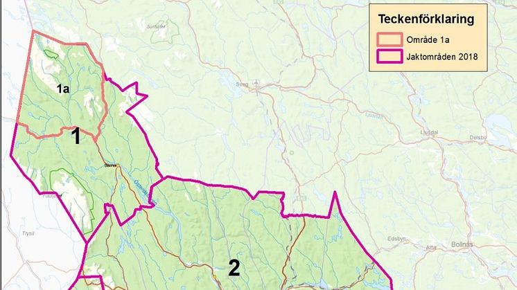 Som tidigare är jakten fördelad på fyra områden med en särskild kvot för vuxna honor i två av områdena. Gränsdragningen mellan jaktområde 1 och 2 är i år något förändrad. © Länsstyrelsen Dalarna, Bakgrundskarta © Lantmäteriet Geodatasamverkan