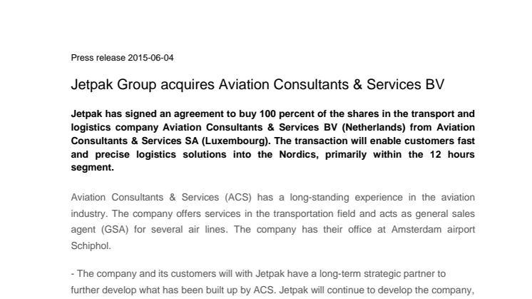 Jetpak Group acquires Aviation Consultants & Services BV
