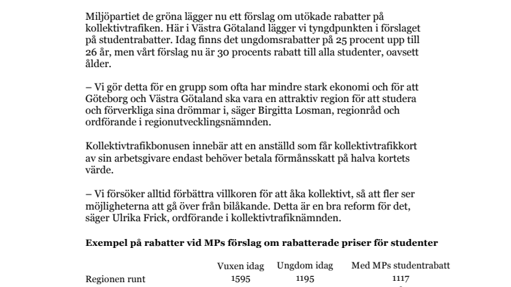 MP satsar 300 mnkr i Västra Götaland på  studentrabatt och kollektivtrafikbonus