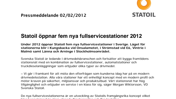 Statoil öppnar fem nya fullservicestationer 2012