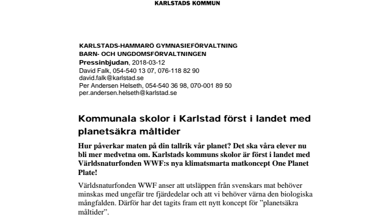 Pressinbjudan: Kommunala skolor i Karlstad först i landet med planetsäkra måltider