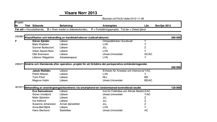 Sammanställning över de forskningsprojekt som får dela på Visare norr-pengar 2013