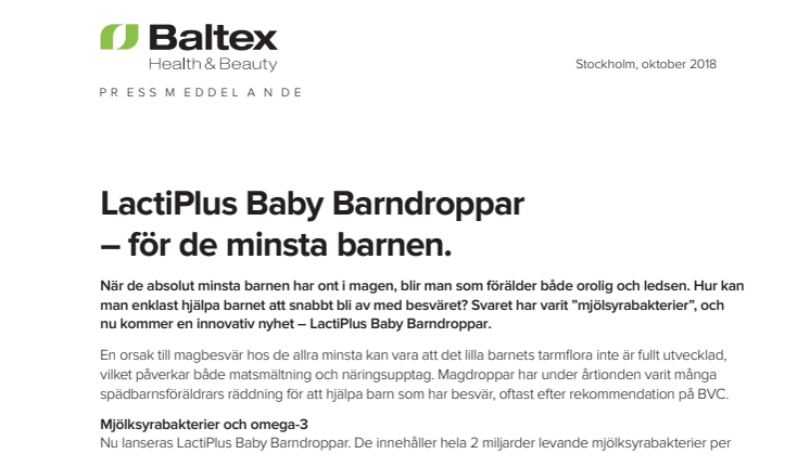 Nyhet,  LactiPlus Baby Barndroppar – för de minsta barnen.