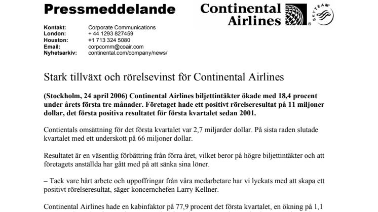 Stark tillväxt och rörelsevinst för Continental Airlines
