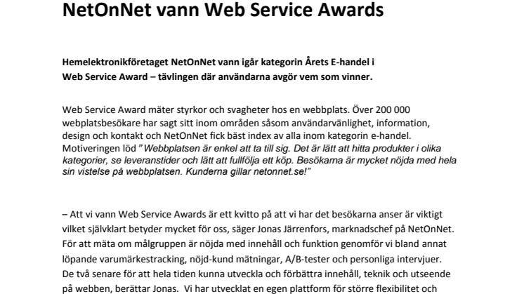 NetOnNet vann Web Service Awards