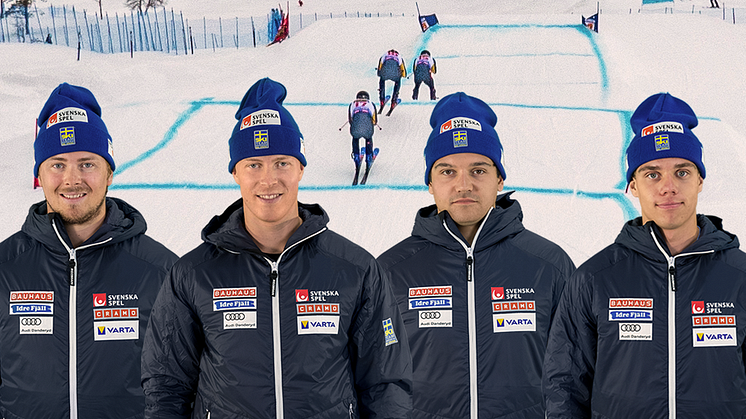 Erik Mobärg, David Mobärg, Elliott Baralo och Fredrik Nilsson startar i St. Moritz. Foto: Ski Team Sweden Skicross