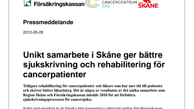 Unikt samarbete i Skåne ger bättre sjukskrivning och rehabilitering för cancerpatienter