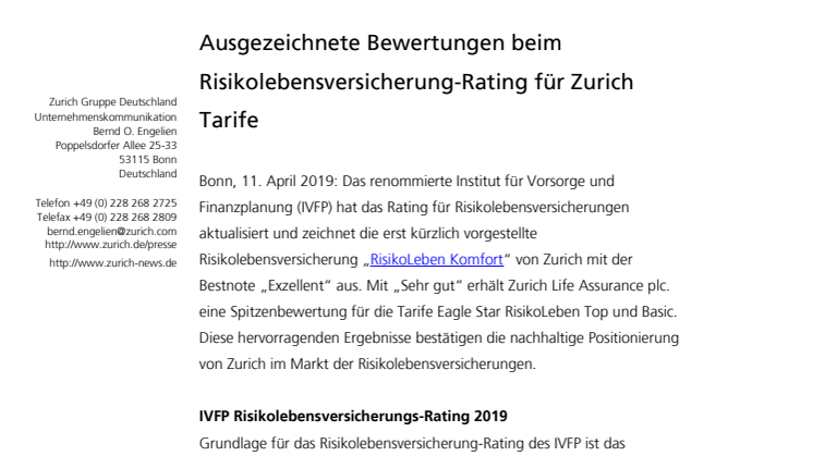 Ausgezeichnete Bewertungen beim Risikolebensversicherung-Rating für Zurich Tarife