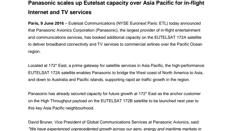 Panasonic scales up Eutelsat capacity over Asia Pacific for in-flight Internet and TV services