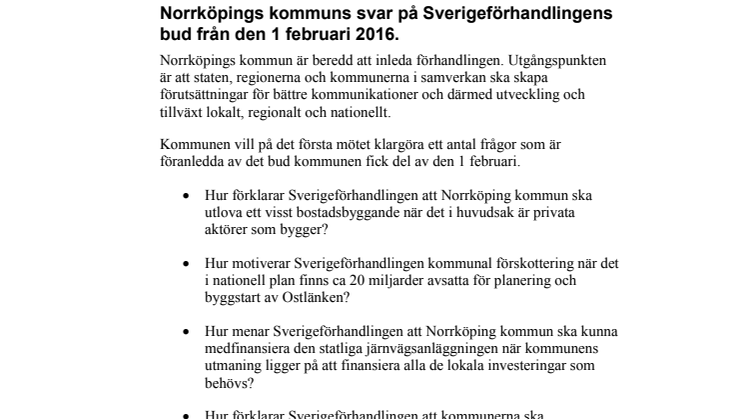 Norrköpings kommuns svar på Sverigeförhandlingens bud från den 1 februari 2016