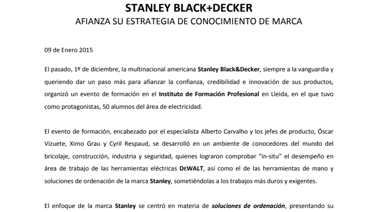 Stanley Black&Decker afianza su estrategia de conocimiento de marca