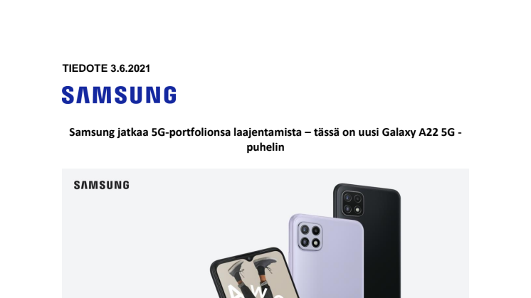 Samsung jatkaa 5G-portfolionsa laajentamista – tässä on uusi Galaxy A22 5G -puhelin