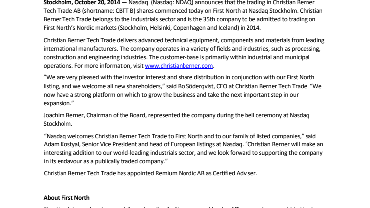 NASDAQ Stockholm welcomes Christian Berner Tech Trade to First North