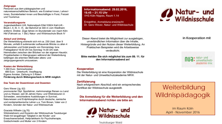 Flyer Berufsbegleitende Weiterbildung Wildnispädagogik mit Start am 07.04.2016