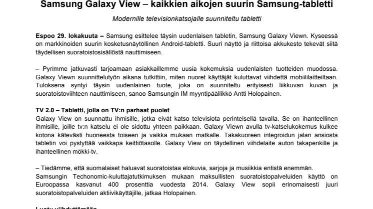Samsung Galaxy View – kaikkien aikojen suurin Samsung-tabletti