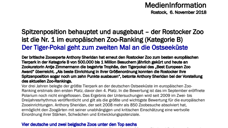 Spitzenposition behauptet und ausgebaut – der Rostocker Zoo ist die Nr. 1 im europäischen Zoo-Ranking (Kategorie B)