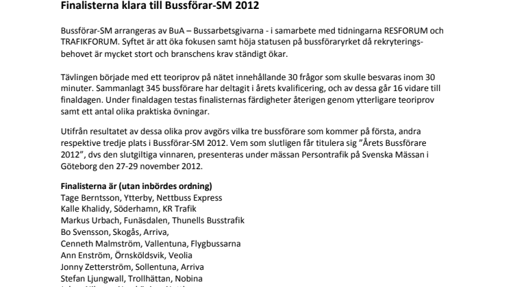 Finalisterna klara till Bussförar-SM 2012
