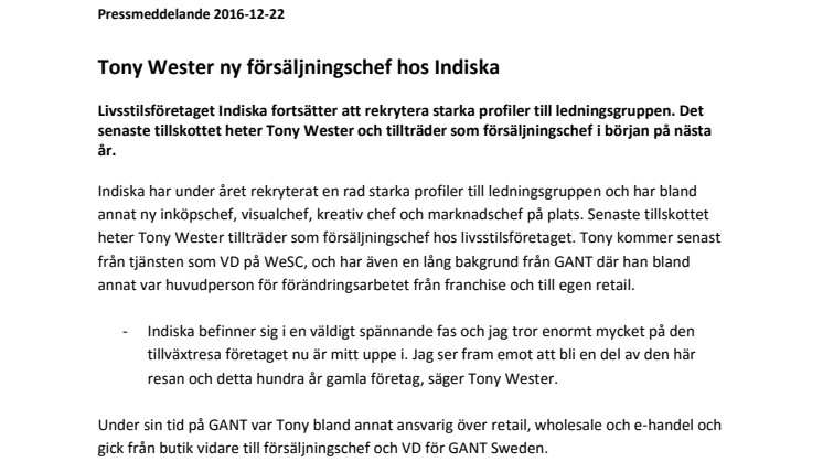 Tony Wester ny försäljningschef hos Indiska