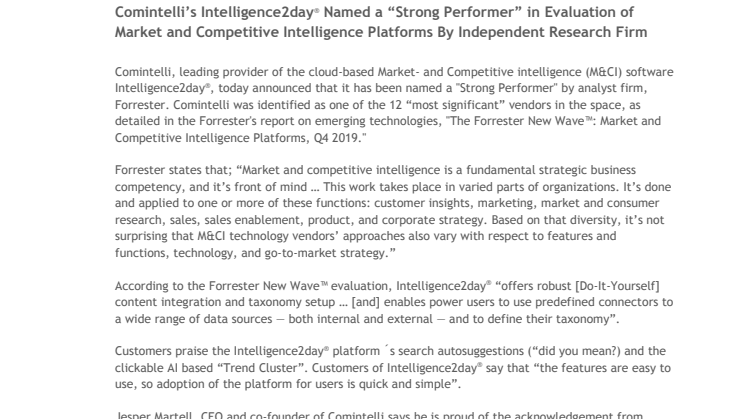 Comintelli’s Intelligence2day® Named a “Strong Performer” in Evaluation of Market and Competitive Intelligence Platforms By Independent Research Firm