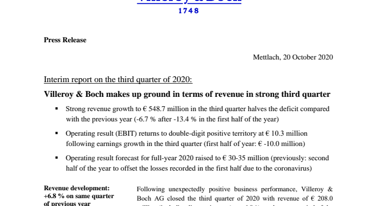 Interim report on the third quarter of 2020:  Villeroy & Boch makes up ground in terms of revenue in strong third quarter