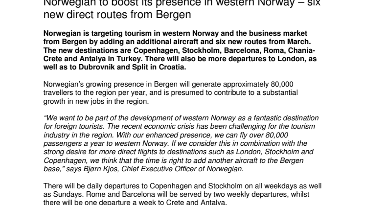 Norwegian to boost its presence in western Norway – six new direct routes from Bergen 