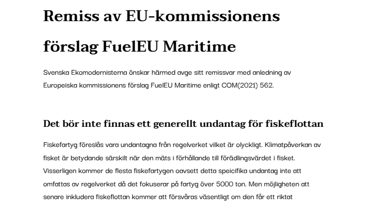 Svenska Ekomodernisternas remissvar av EU-kommissionens förslag FuelEU Maritime