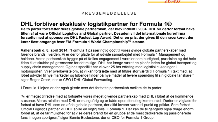 DHL forbliver eksklusiv logistikpartner for Formula 1® 