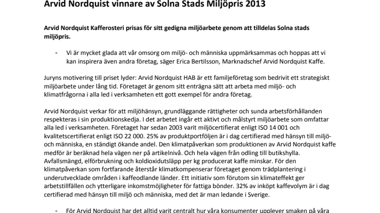 Arvid Nordquist vinnare av Solna Stads Miljöpris 2013 