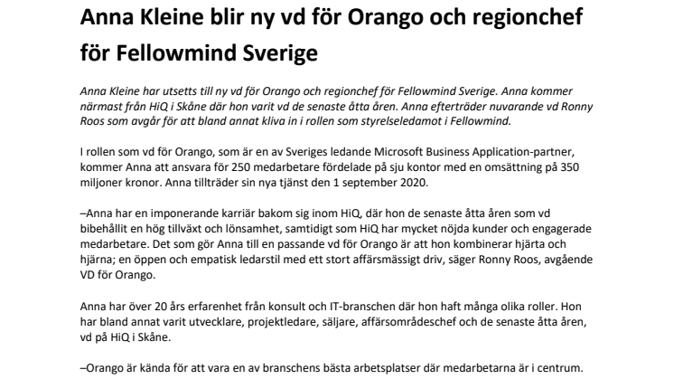 Anna Kleine blir ny vd för Orango och regionchef för Fellowmind Sverige