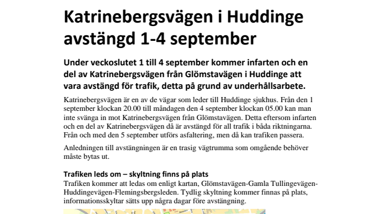 Katrinebergsvägen i Huddinge avstängd 1-4 september