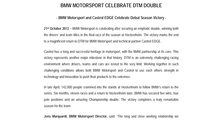 BMW Motorsports och Castrol EDGE firar DTM vinst på Hockenheim!