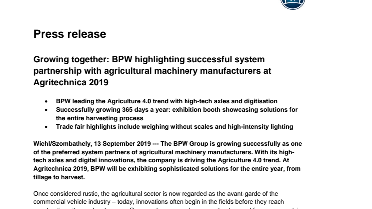 Growing together: BPW highlighting successful system partnership with agricultural machinery manufacturers at Agritechnica 2019