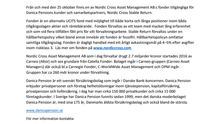 Nordic Cross Stable Return, ny fond inom Danica Pensions Fondförsäkring