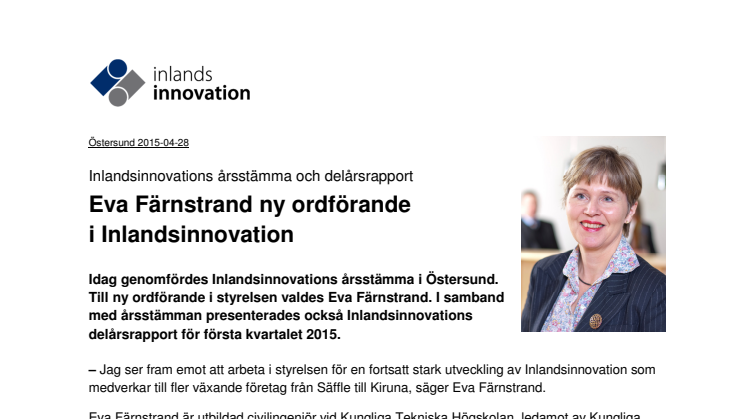 Inlandsinnovations årsstämma och delårsrapport: Eva Färnstrand ny ordförande i Inlandsinnovation