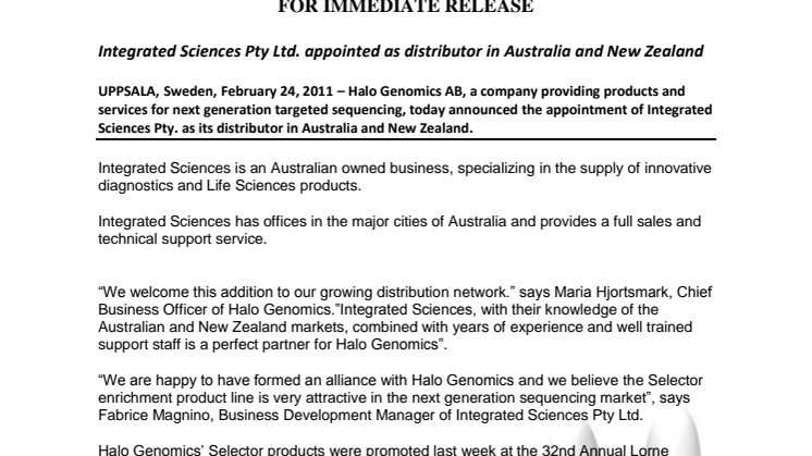 Integrated Sciences Pty Ltd. appointed as distributor in Australia and New Zealand