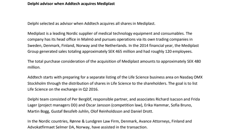 Delphi advisor when Addtech acquires Mediplast