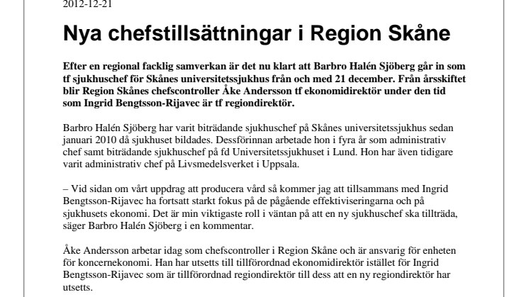 Nya chefstillsättningar i Region Skåne