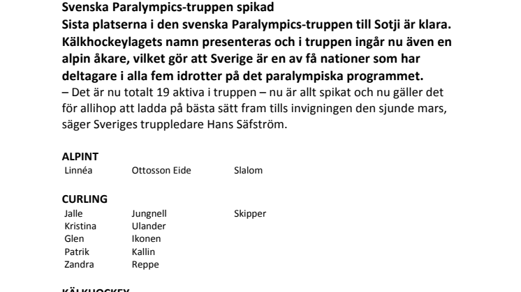 Svenska Paralympics-truppen spikad