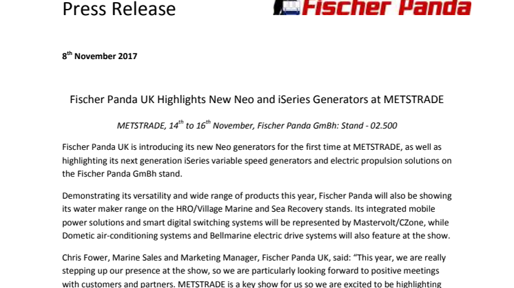 Fischer Panda UK Highlights New Neo and iSeries Generators at METSTRADE