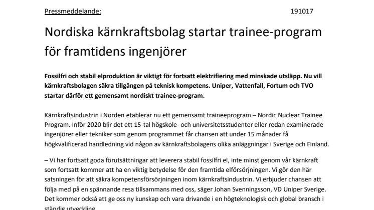 Nordiska kärnkraftsbolag startar trainee-program för framtidens ingenjörer