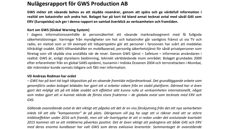 Nulägesrapport för GWS Production AB