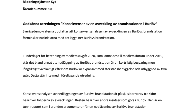 SD underkänner utredning om avveckling av Burlövs brandstation