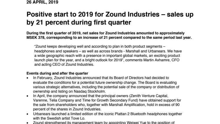 Positive start to 2019 for Zound Industries – sales up by 21 percent during first quarter